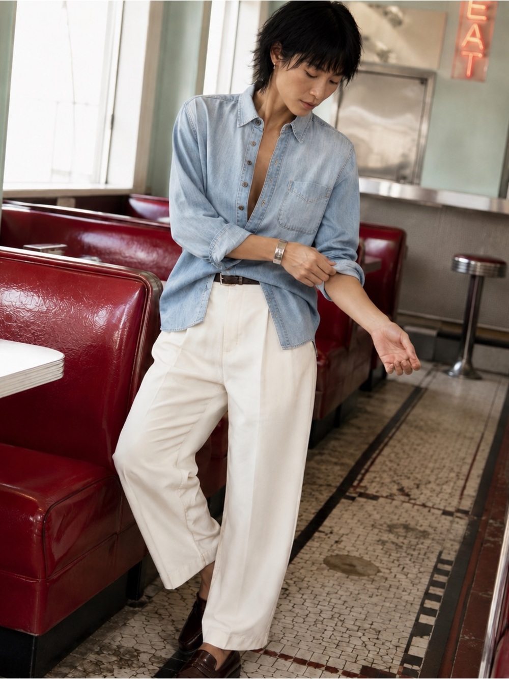 Current/Elliott The Prep School Light Wash Chambray Denim Shirt Small